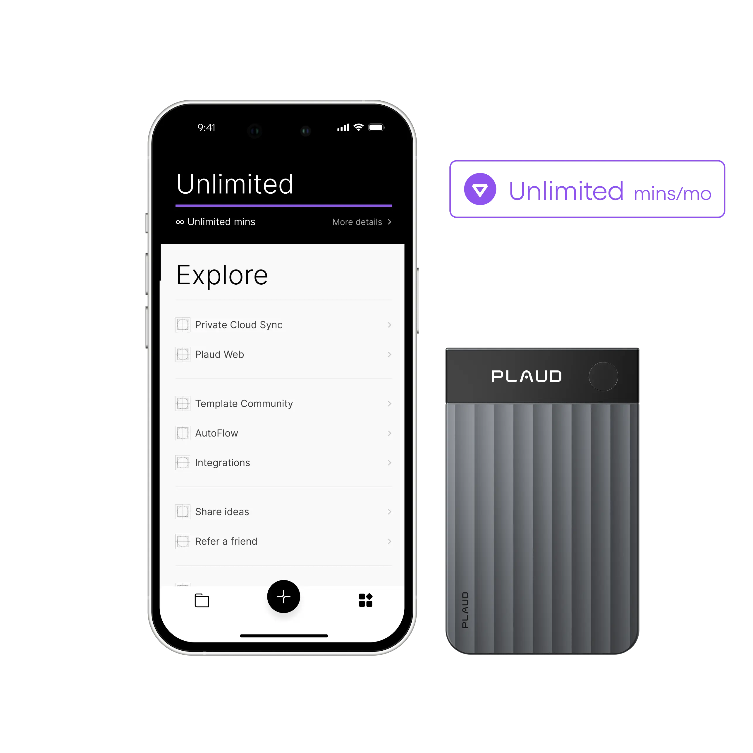 PLAUD NOTE device and app screen showing the Unlimited plan with unlimited minutes and private cloud sync.