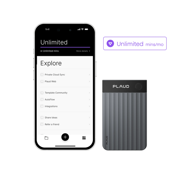 PLAUD NOTE device and app screen showing the Unlimited plan with unlimited minutes and private cloud sync.