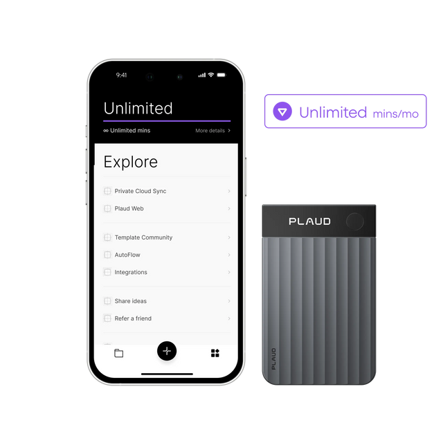 PLAUD NOTE device and app screen showing the Unlimited plan with unlimited minutes and private cloud sync.