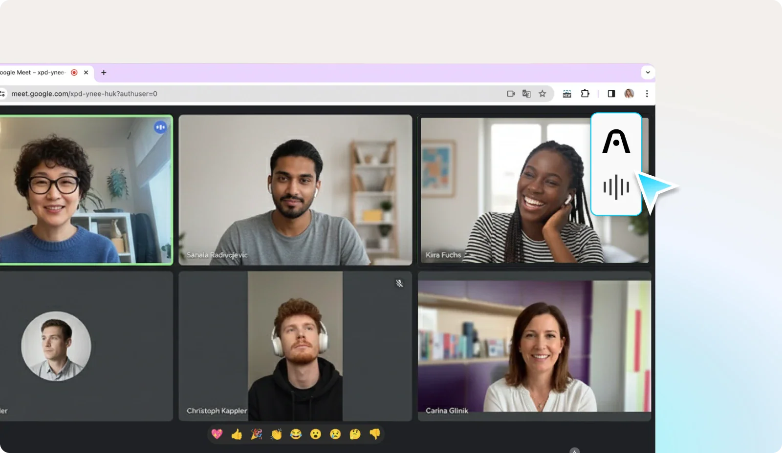 Plaud AI integration recording a Google Meet video call with several participants.