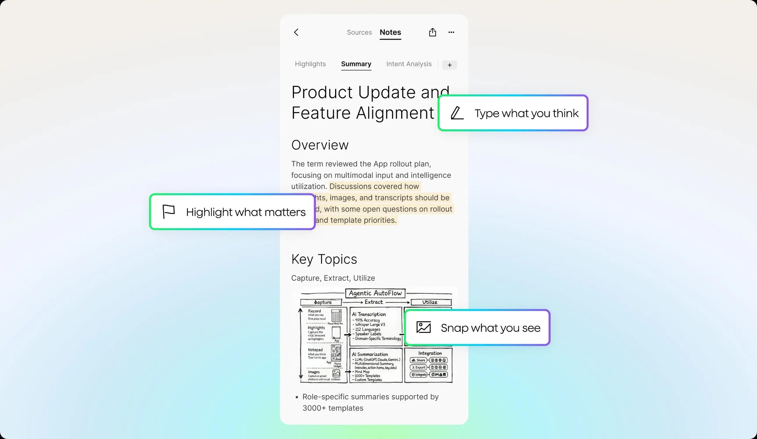 Plaud app interface showing note editing features: highlight what matters, type what you think, and snap what you see.