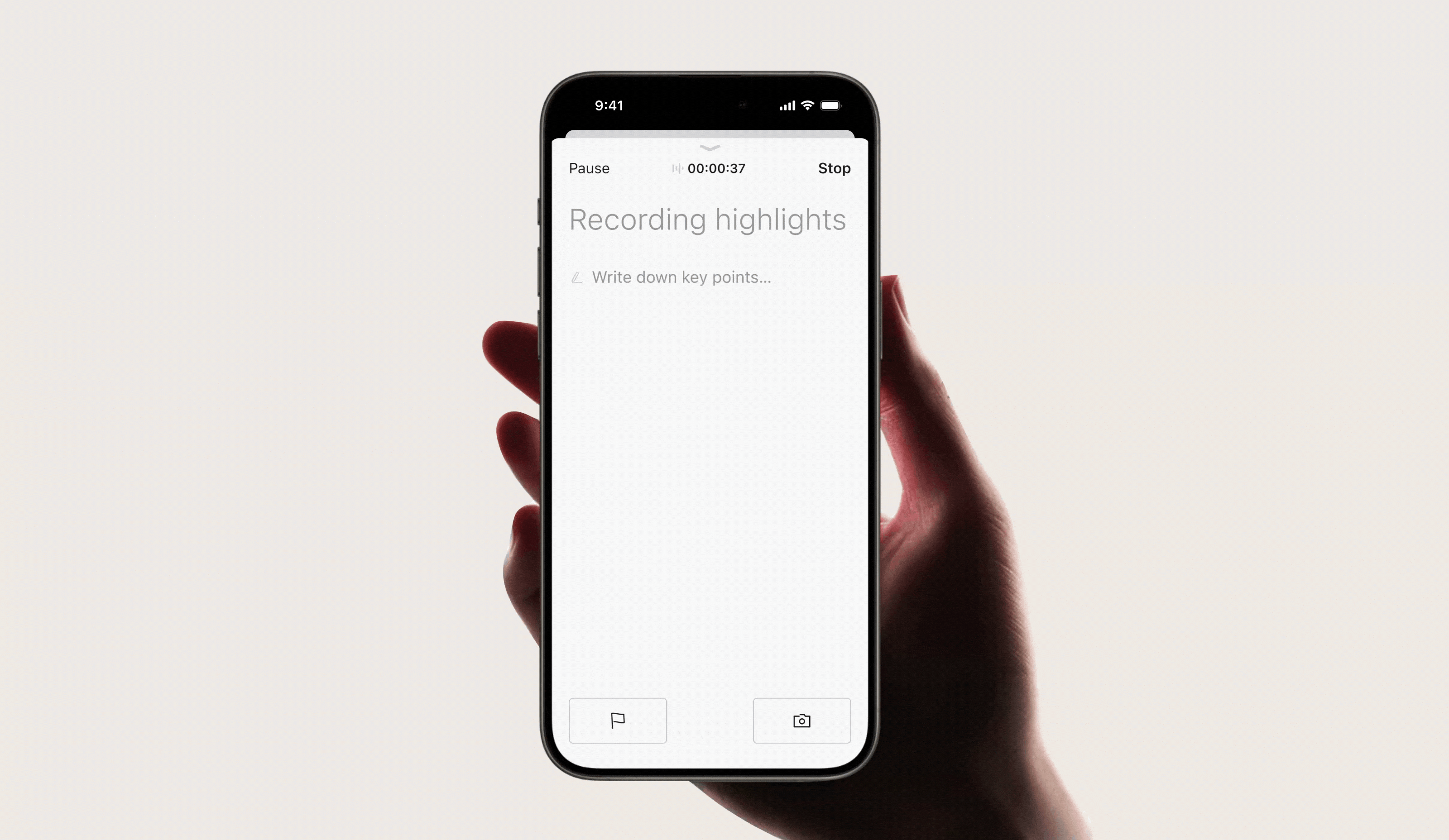 Hand holding a smartphone showing the Plaud app interface recording highlights in real-time.