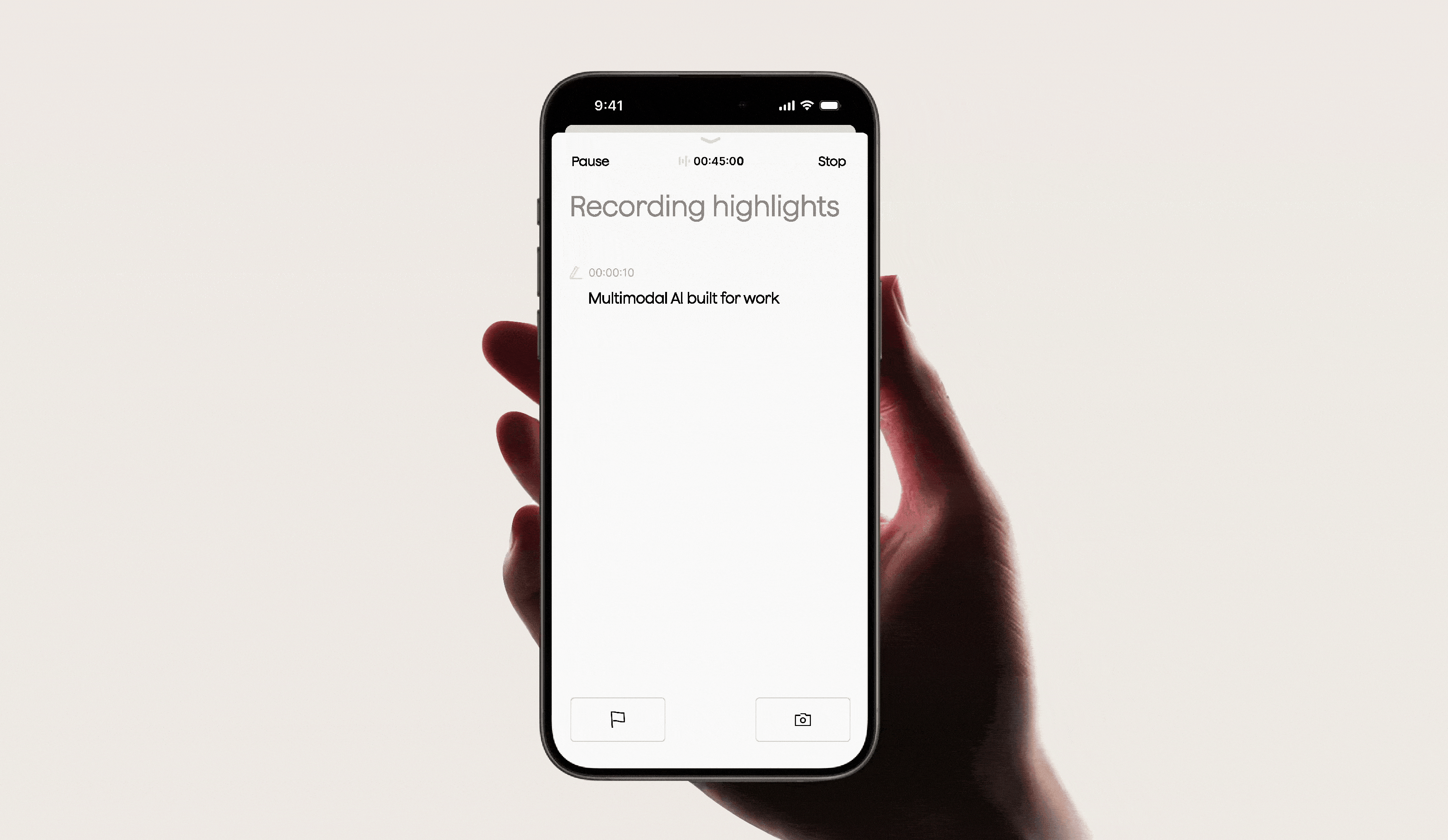 Hand holding a smartphone displaying the Plaud app's recording highlights and multimodal AI features.