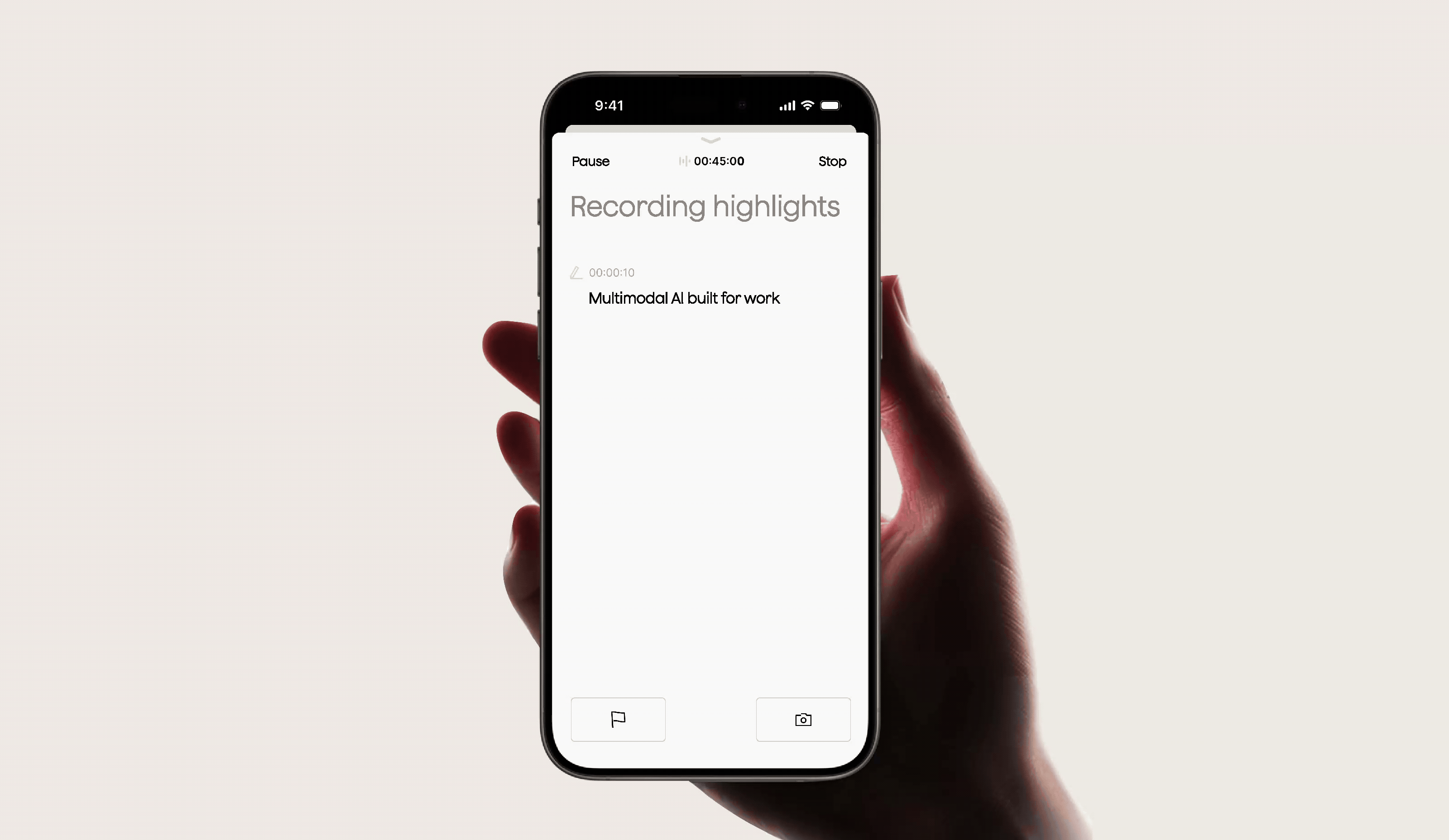 A hand holding a smartphone displaying the Plaud app's recording highlights and multimodal AI features.