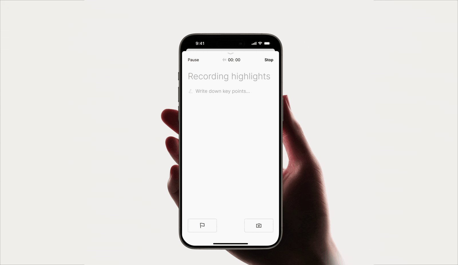 A hand holds a smartphone displaying the Plaud app's real-time recording highlights and note-taking interface.