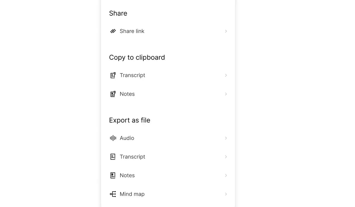 Plaud app menu showing options to share links, copy transcripts, or export files as audio, notes, and mind maps.