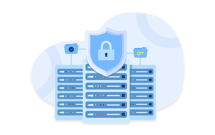 Secure data storage illustration featuring server racks, a padlock shield, and encrypted folders for Plaud user data.
