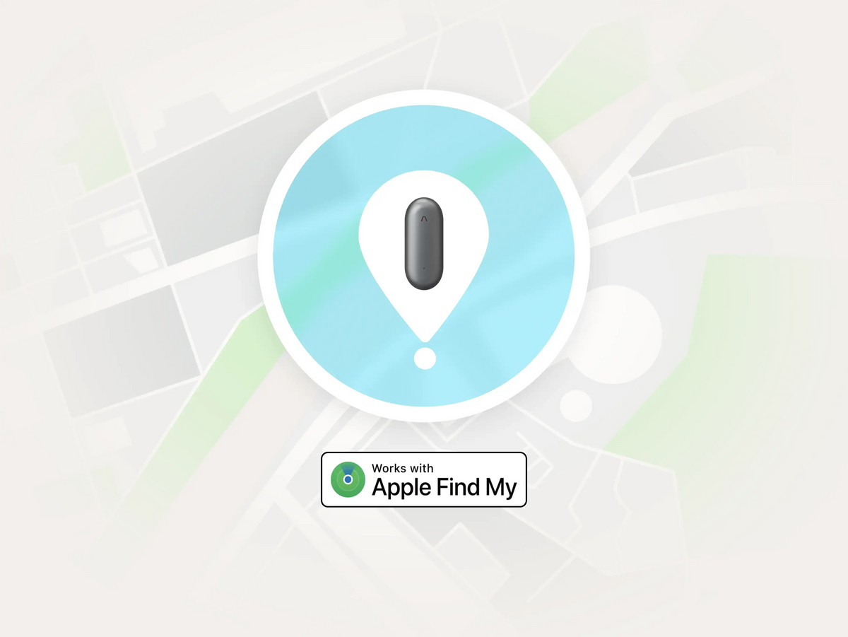 PLAUD NotePin inside a location pin icon on a map, highlighting its compatibility with Apple Find My.
