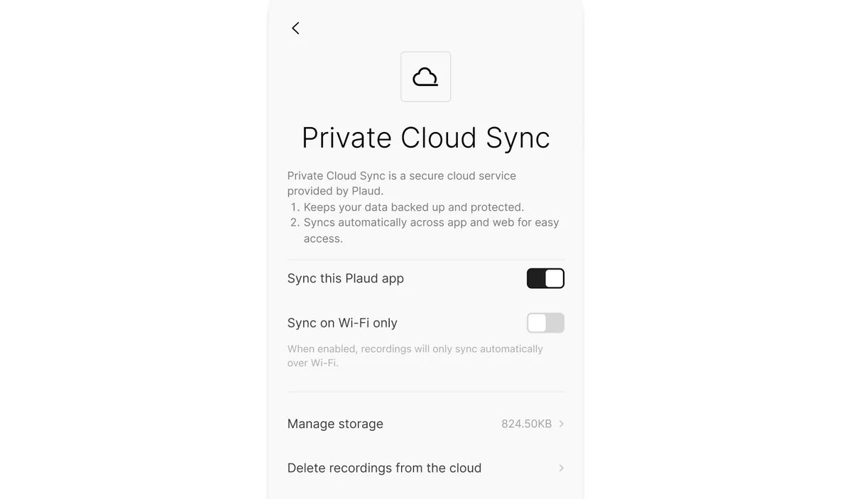 Plaud app Private Cloud Sync settings screen showing options for data backup, Wi-Fi sync, and storage management.