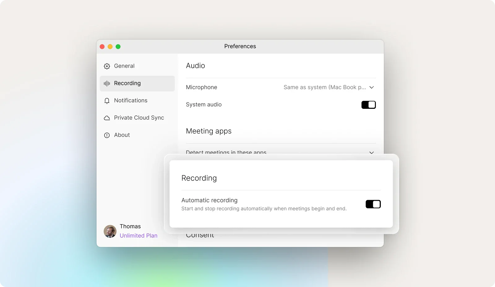 Plaud app preferences showing automatic recording settings for meetings on an Unlimited Plan.