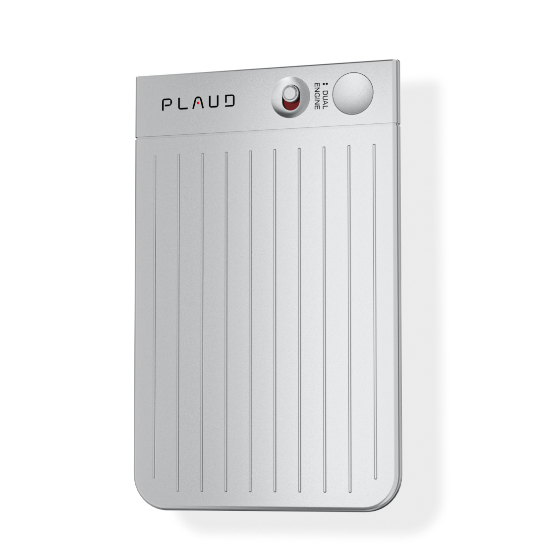 Silver PLAUD NOTE AI voice recorder featuring a slim, card-like design with a dual-engine switch and recording button.