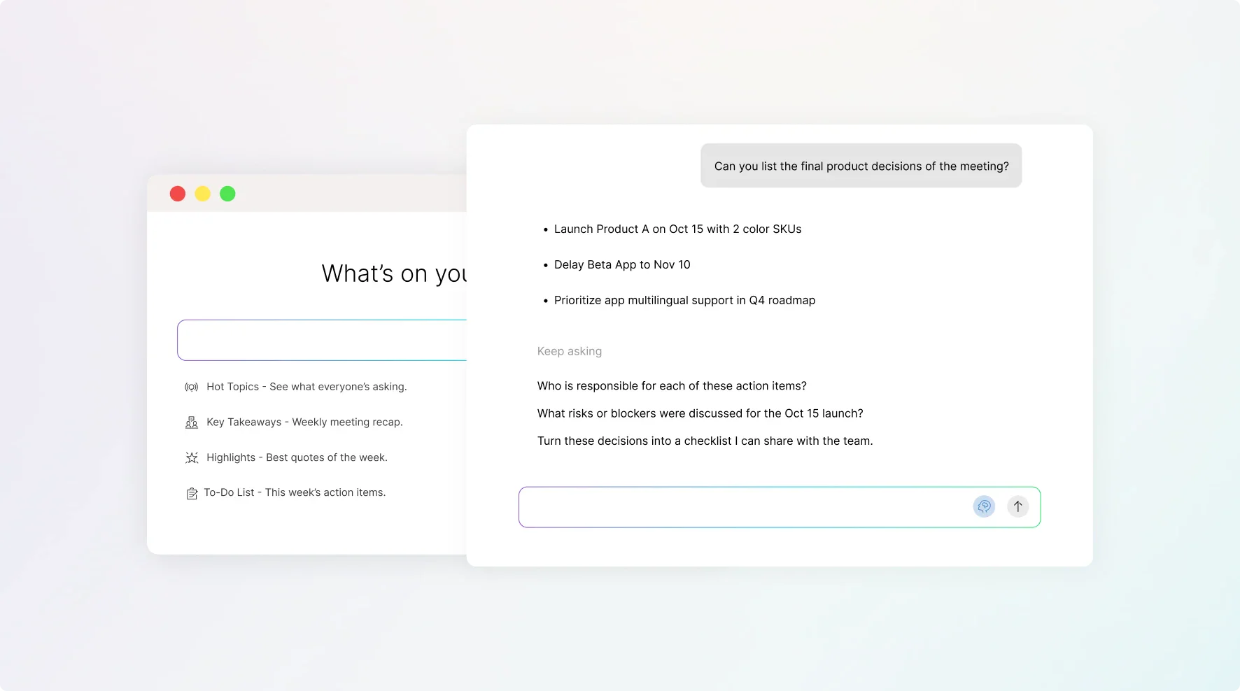 Plaud Intelligence interface showing AI-generated meeting decisions and follow-up prompts in a chat window.