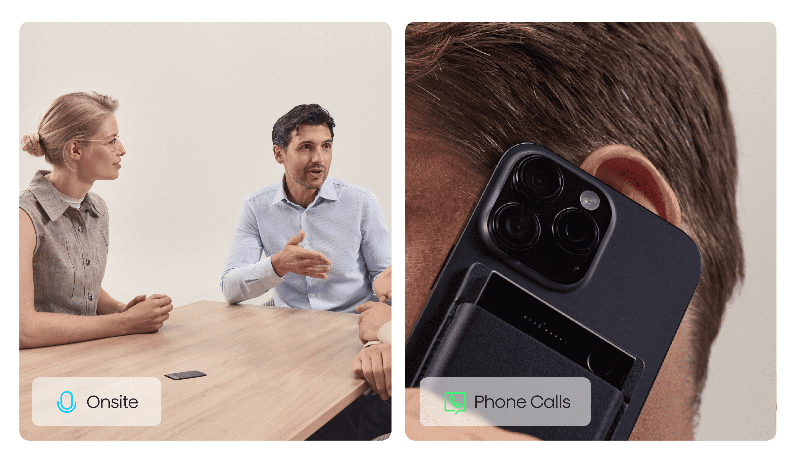 Plaud Note recording an onsite meeting and a phone call while attached to a smartphone.