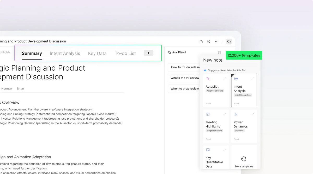Plaud app UI showing over 10,000 AI note templates like Intent Analysis, Meeting Highlights, and Power Dynamics.