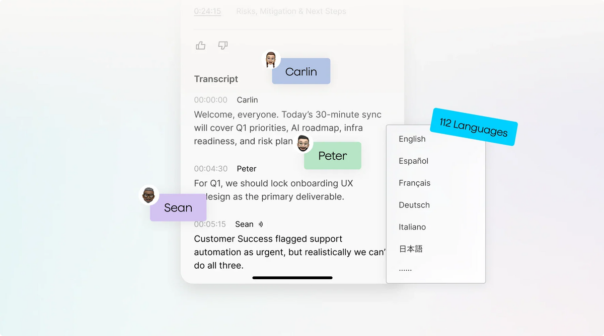PLAUD app transcript interface featuring speaker labels and translation support for 112 different languages.