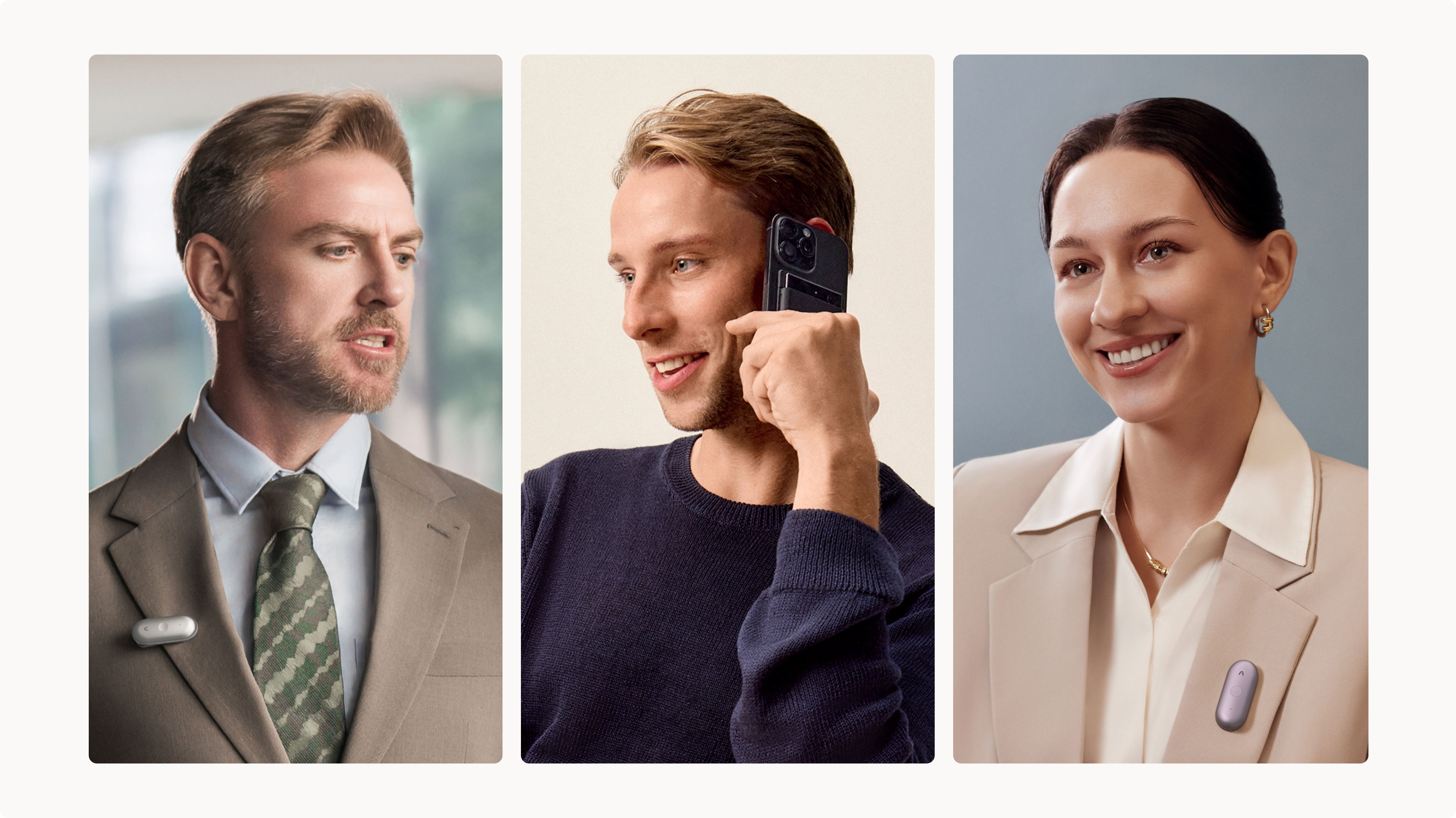 Three professionals using the Plaud NotePin and Plaud Note AI voice recorders in various settings.