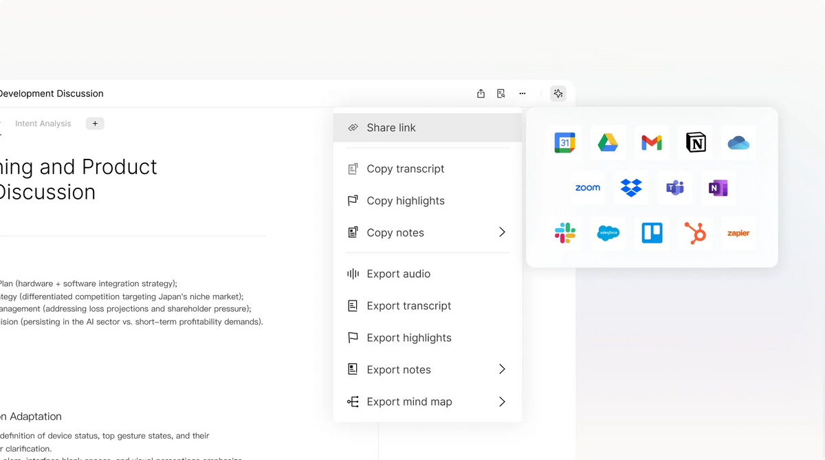PLAUD app menu showing export options for transcripts and notes to integrations like Notion, Slack, and Zoom.