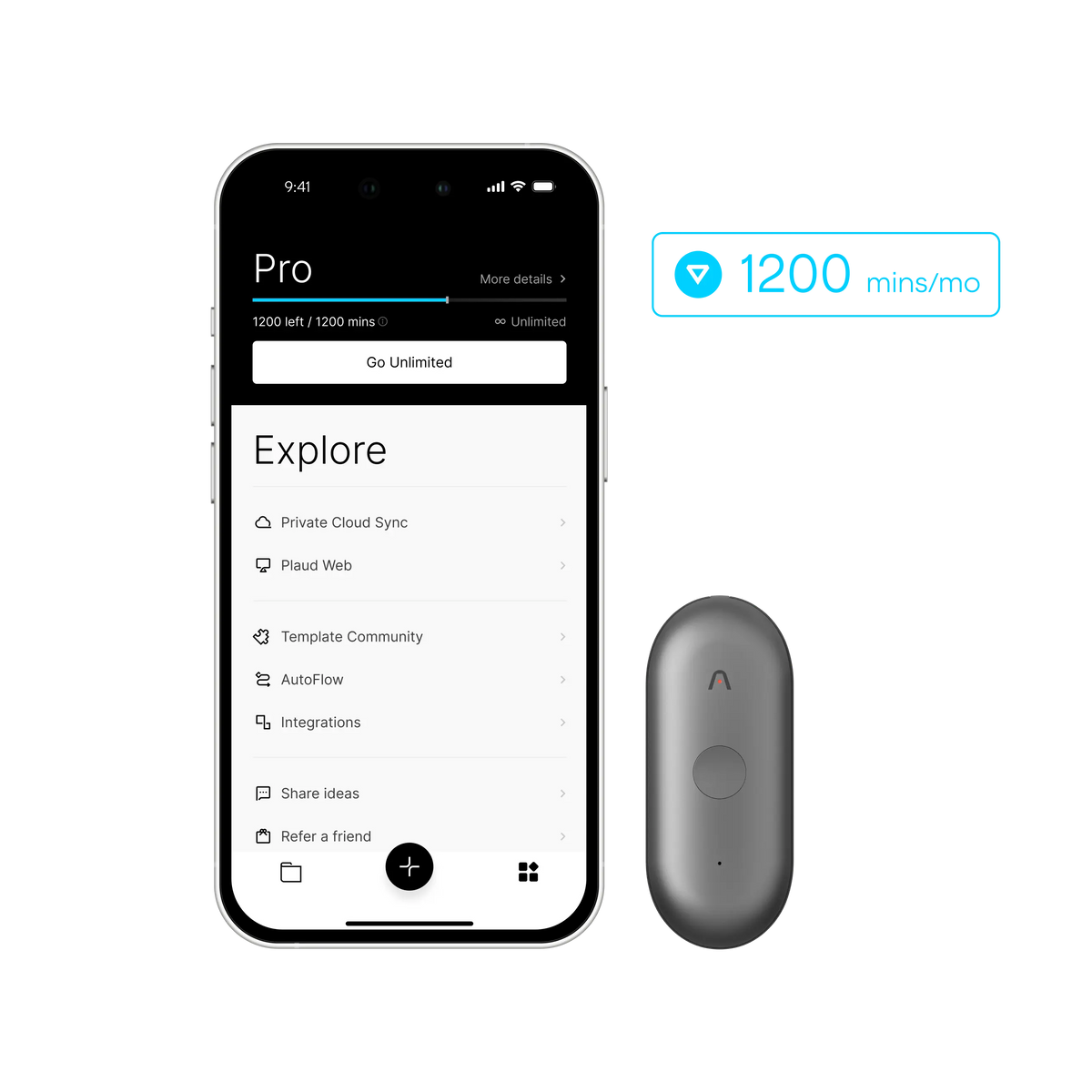 Plaud NotePin beside a smartphone displaying the Pro plan with 1200 transcription minutes per month.