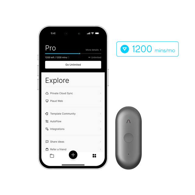 Plaud NotePin beside a smartphone displaying the Pro plan with 1200 transcription minutes per month.