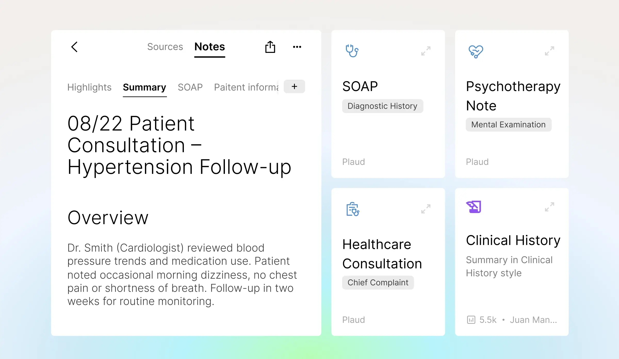 Plaud app interface featuring medical note templates like SOAP and a detailed patient consultation summary.