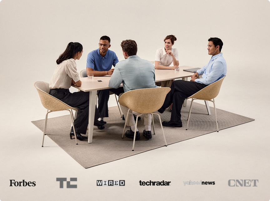A team in a business meeting using a Plaud Note recorder, endorsed by Forbes, TechCrunch, Wired, and CNET.