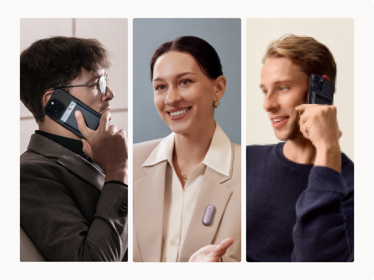 Professionals using the Plaud Note on smartphones and the Plaud NotePin on a lapel for AI-powered recording.