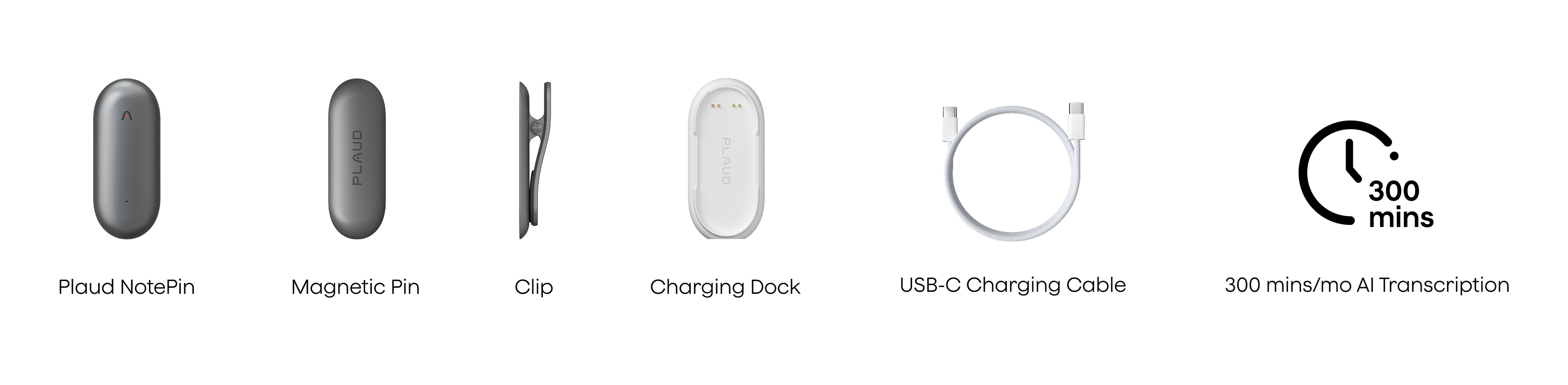 Plaud NotePin with magnetic pin, clip, charging dock, USB-C cable, and 300 minutes of monthly AI transcription.