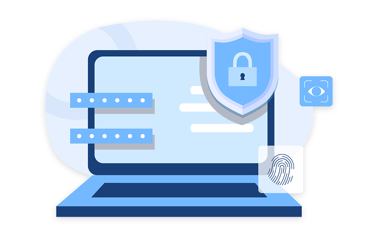 Data security illustration showing a laptop protected by a shield, padlock, fingerprint, and eye scan icons.