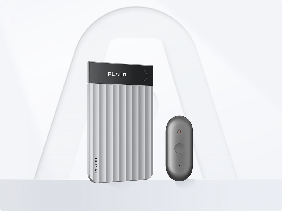 Plaud Note Pro and Plaud NotePin AI voice recorders side-by-side on a white background.