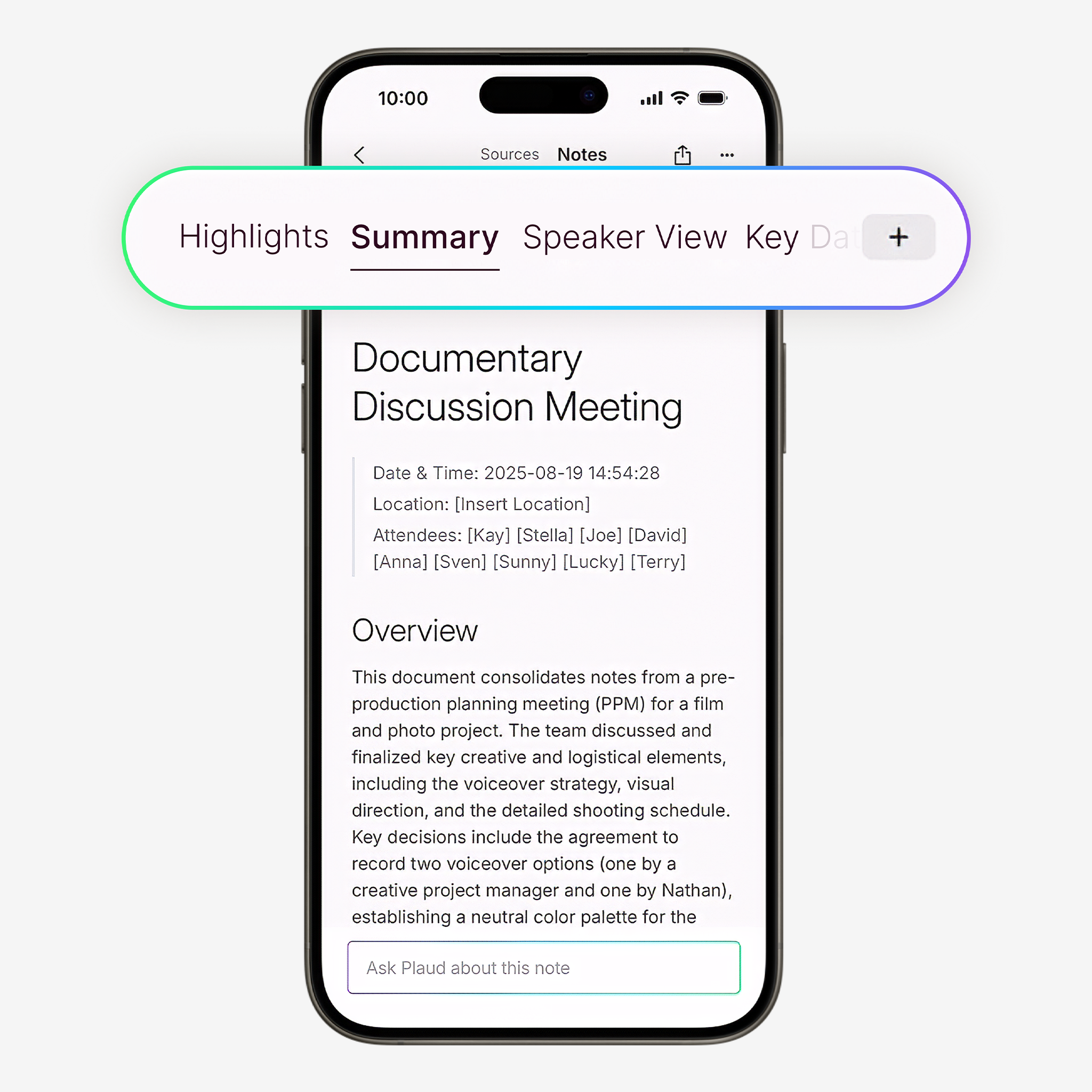 Plaud app interface showing an AI-generated meeting summary with tabs for Highlights, Summary, and Speaker View.