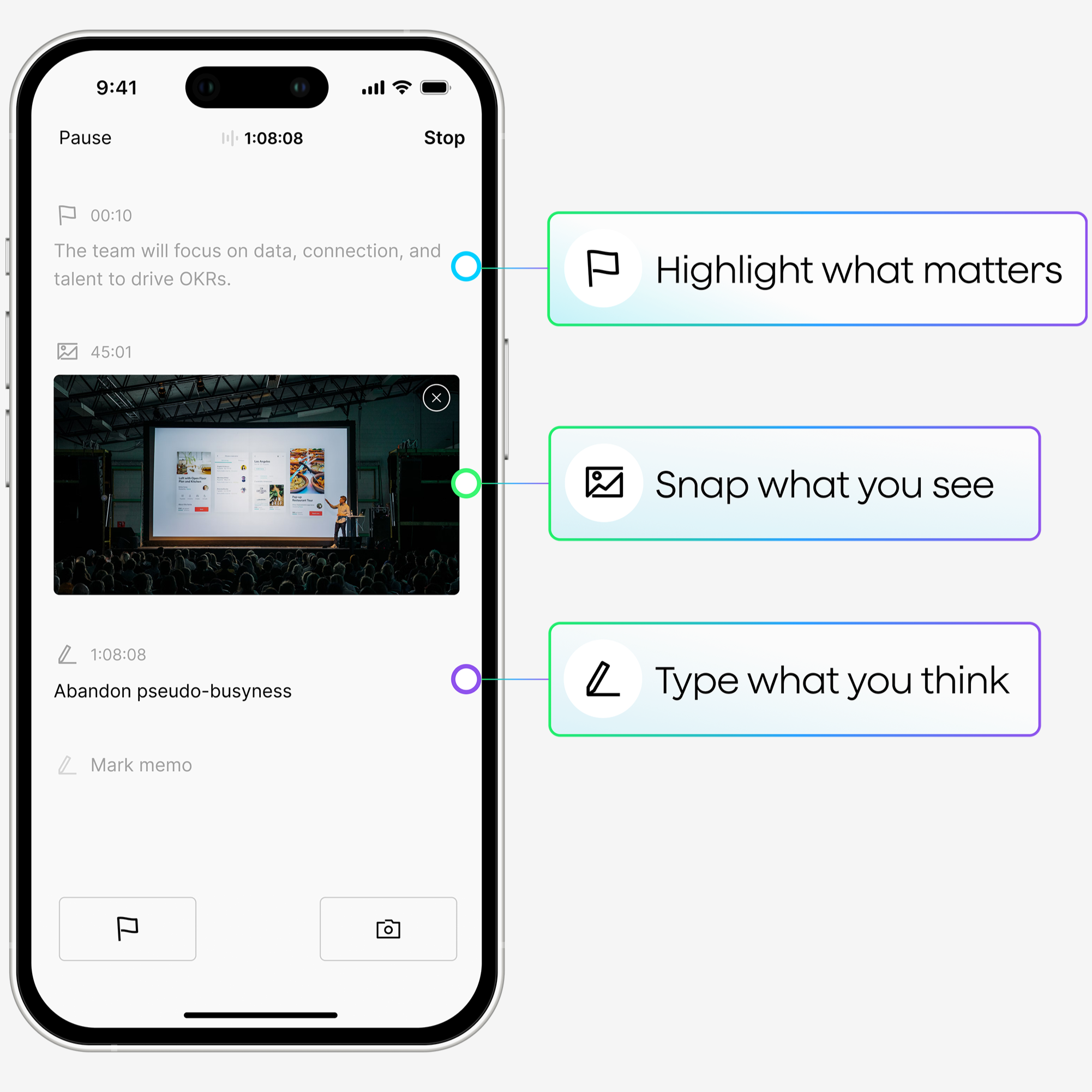 Plaud app interface showing features to highlight text, snap photos, and type notes during a recording.