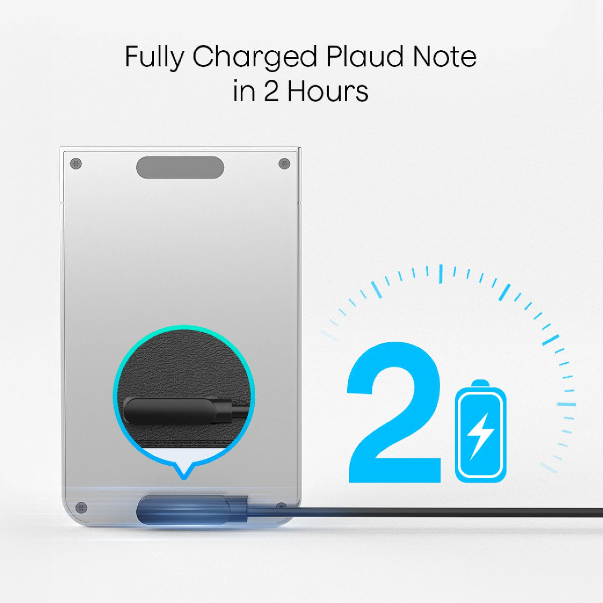 The Plaud Note reaches a full charge in 2 hours using its magnetic charging cable.