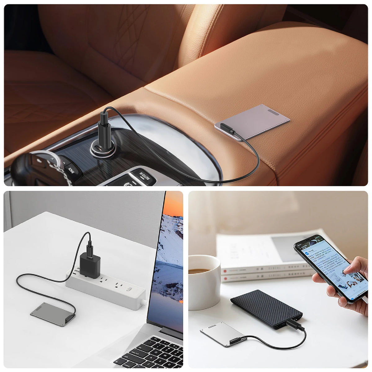 Plaud Note AI voice recorder charging via car adapter, wall outlet, and portable power bank.