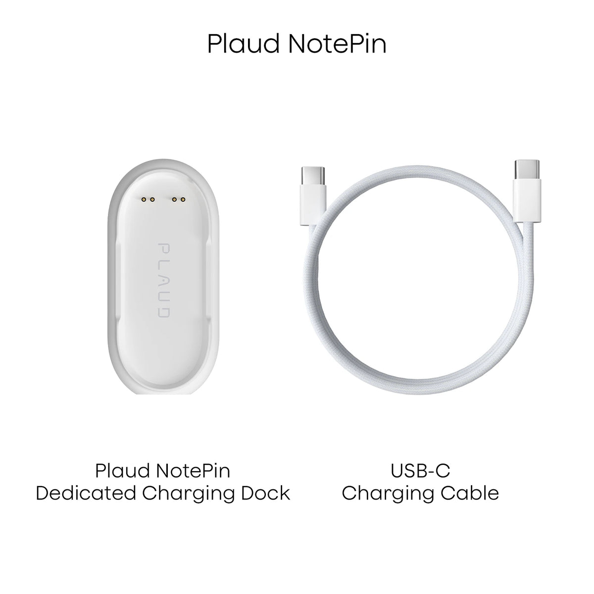 Plaud NotePin dedicated charging dock and a white USB-C charging cable.