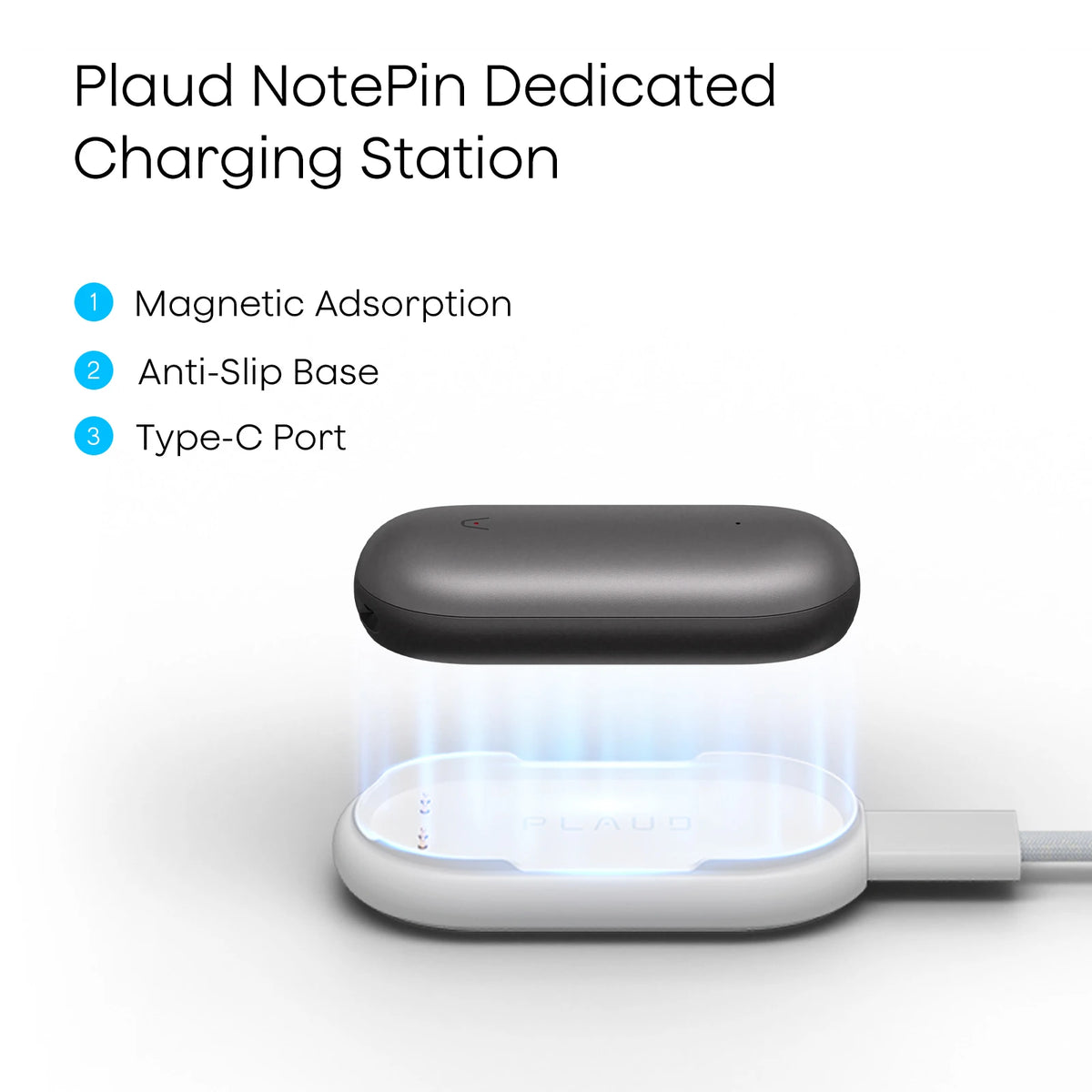 Plaud NotePin Dedicated Charging Station with magnetic adsorption, anti-slip base, and Type-C port.