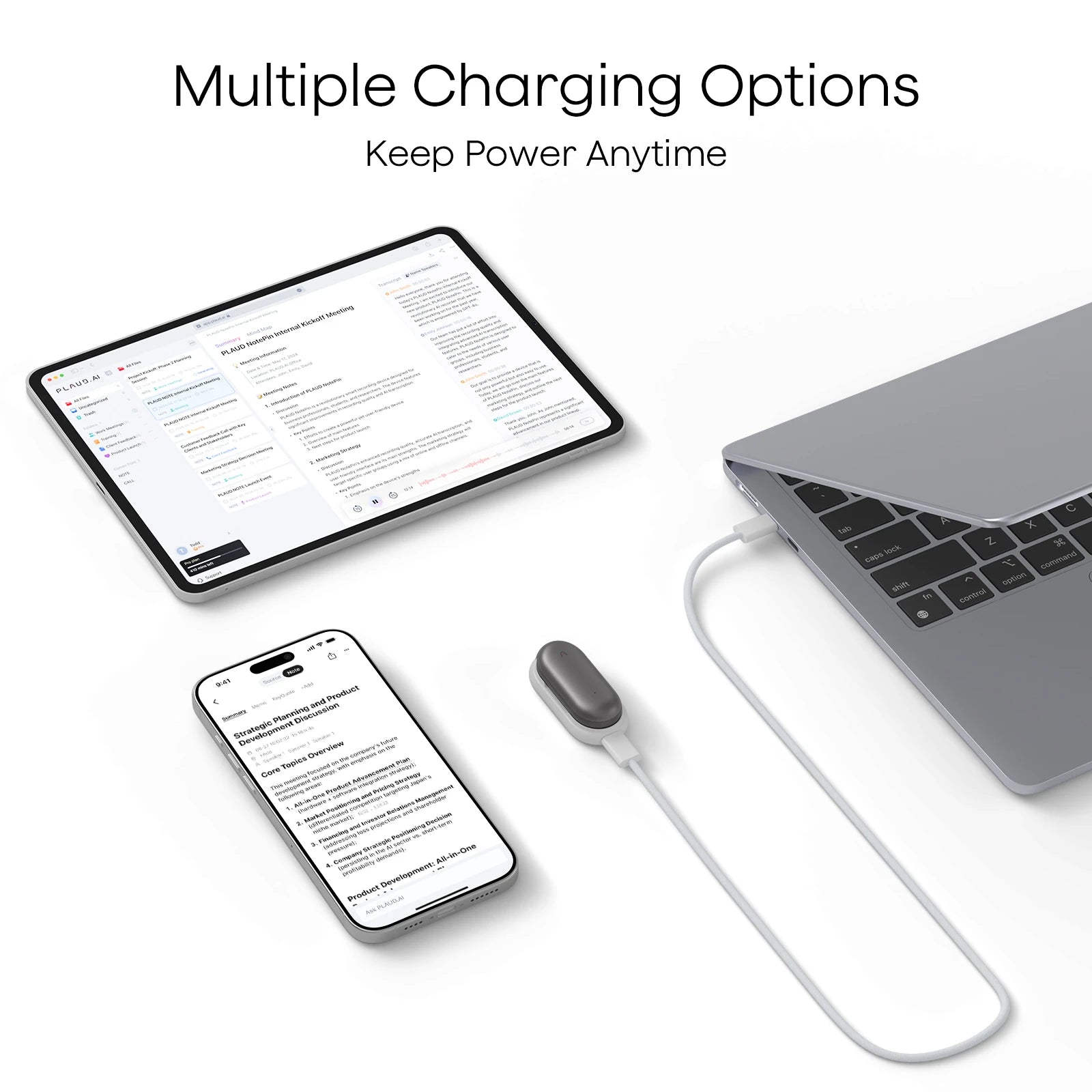 PLAUD NotePin charging from a laptop, shown with the PLAUD app on a tablet and smartphone.