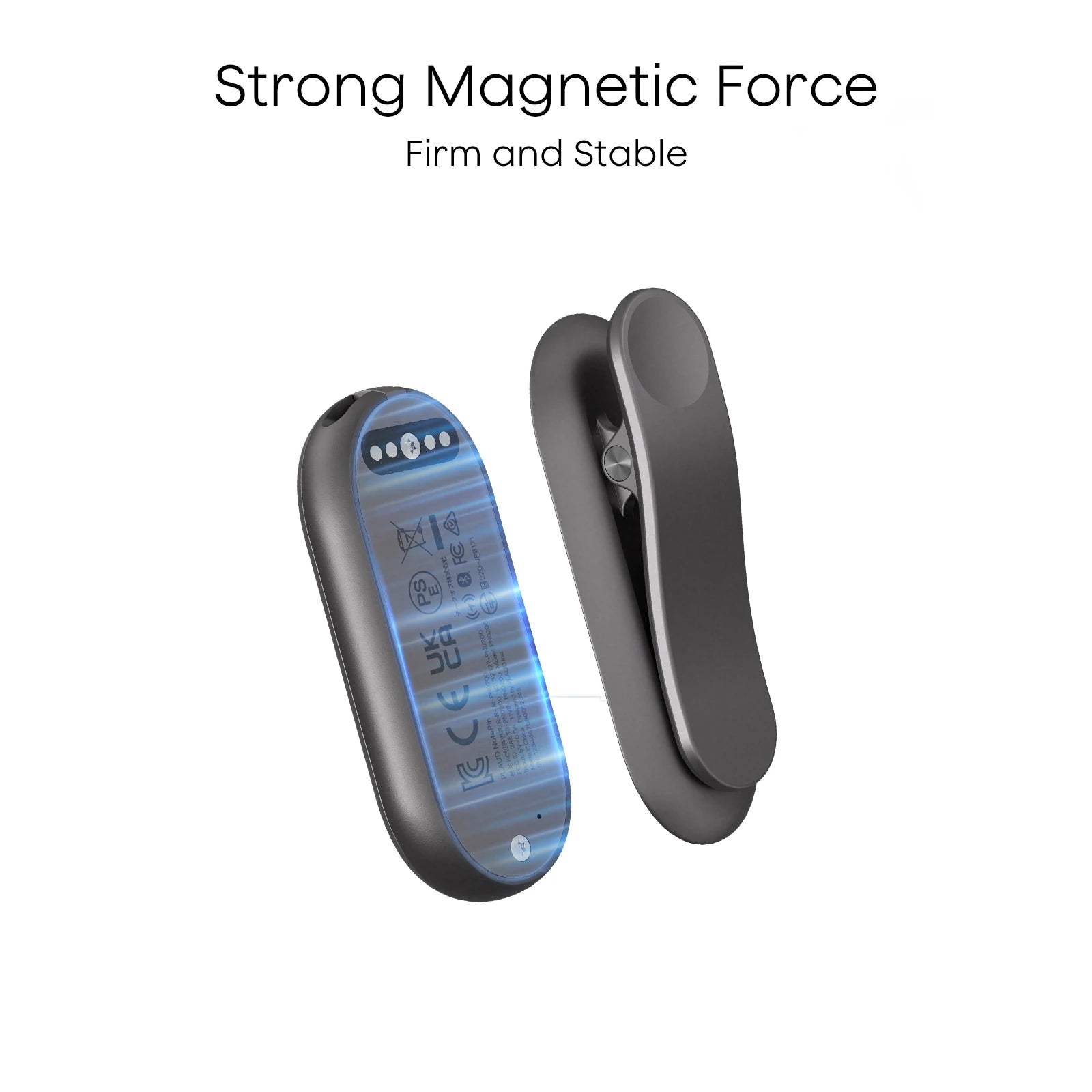 PLAUD NotePin with a magnetic clip accessory, highlighting its strong, stable magnetic connection.