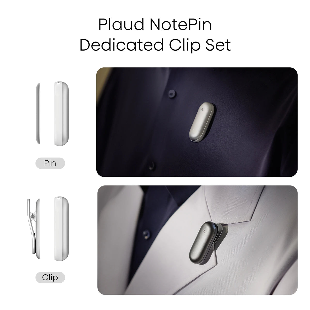 Plaud NotePin Dedicated Clip Set showing the device worn as a pin on a shirt and clipped to a jacket lapel.
