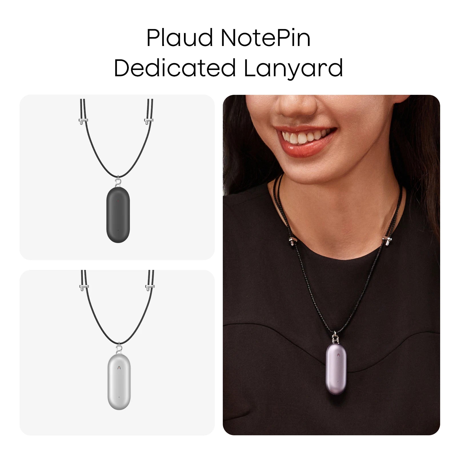 Plaud NotePin Dedicated Lanyard in black, silver, and purple, worn as a necklace for hands-free AI recording.