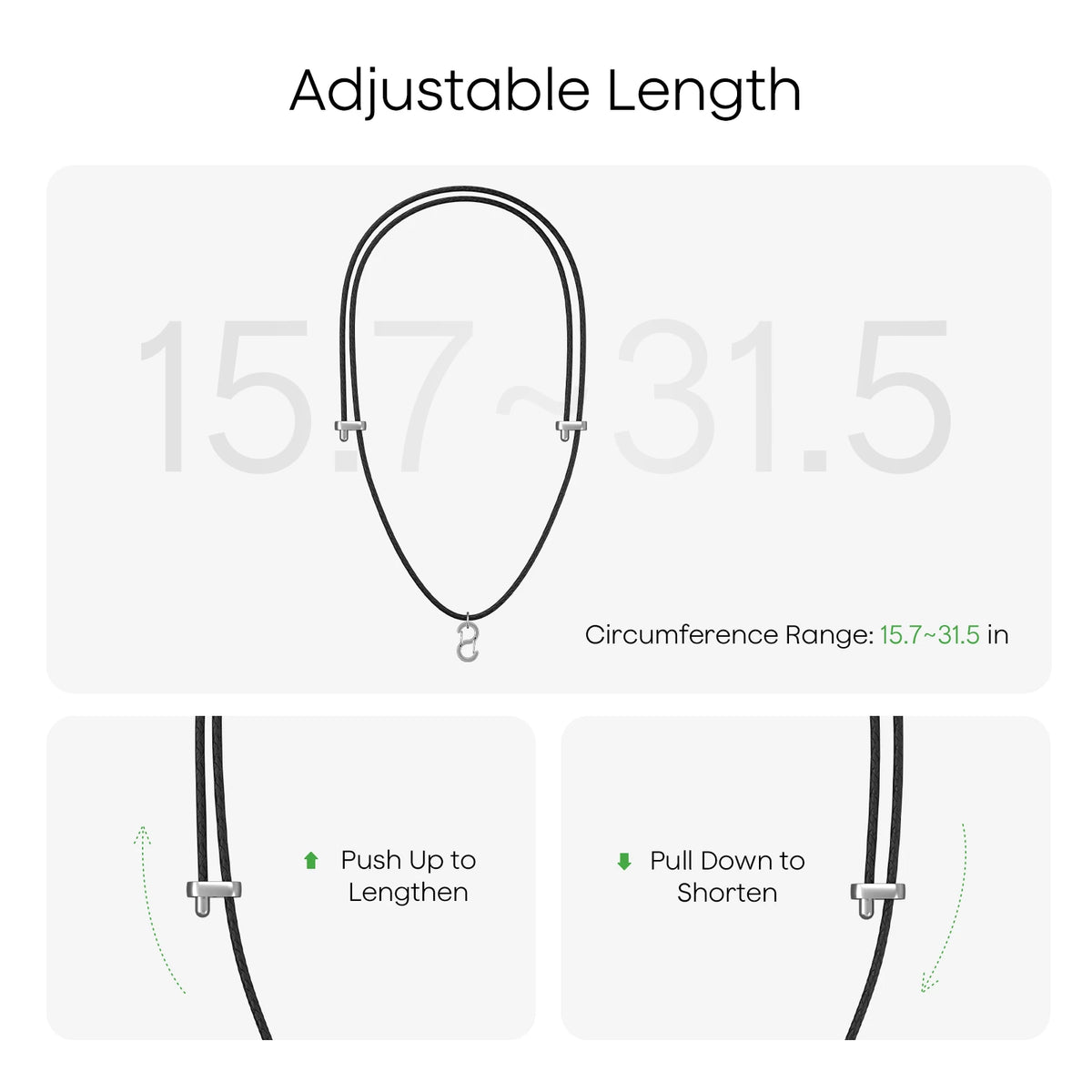 PLAUD NotePin necklace with adjustable circumference from 15.7 to 31.5 inches using sliding cord locks.