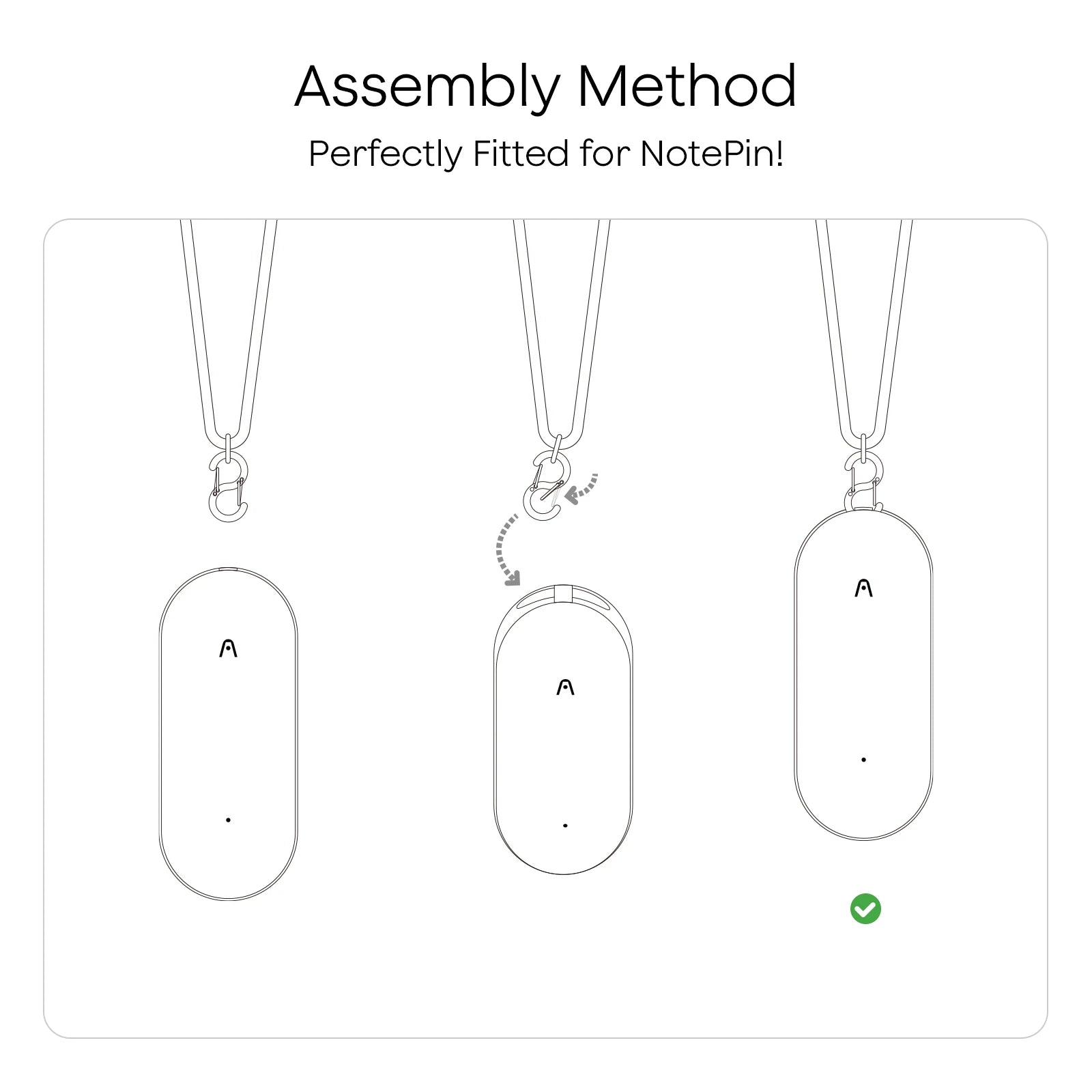 Three-step diagram illustrating how to attach the Plaud NotePin to a lanyard clip.