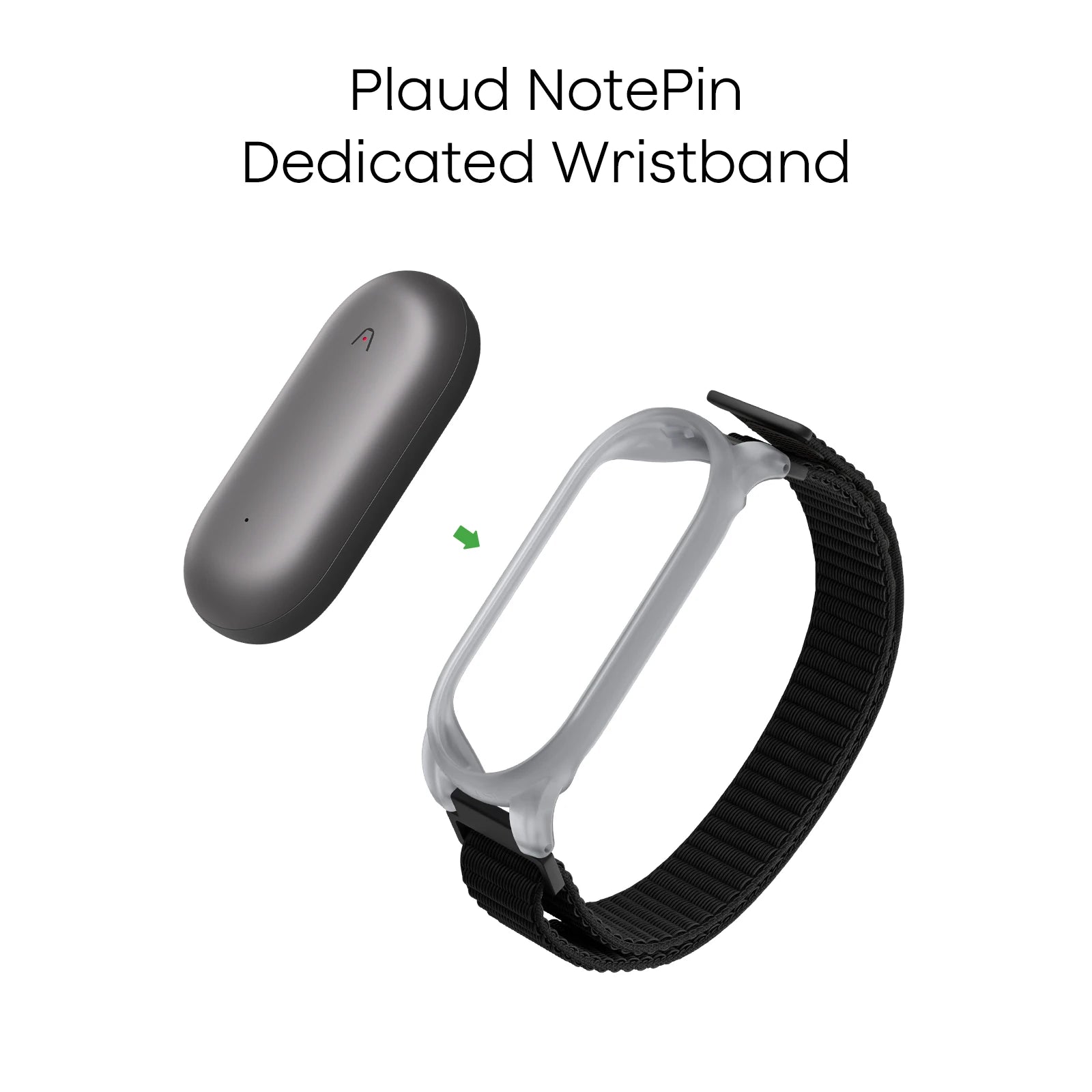 Plaud NotePin AI voice recorder being inserted into its dedicated black wristband accessory.