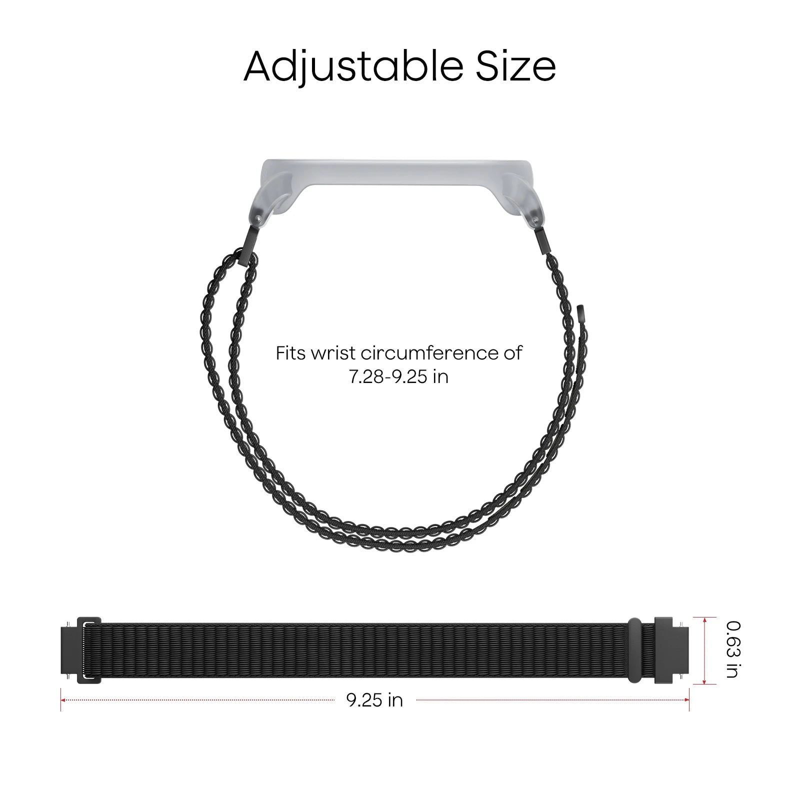 Adjustable PLAUD NotePin wristband fits 7.28-9.25 inch wrists. Strap measures 9.25 inches long by 0.63 inches wide.