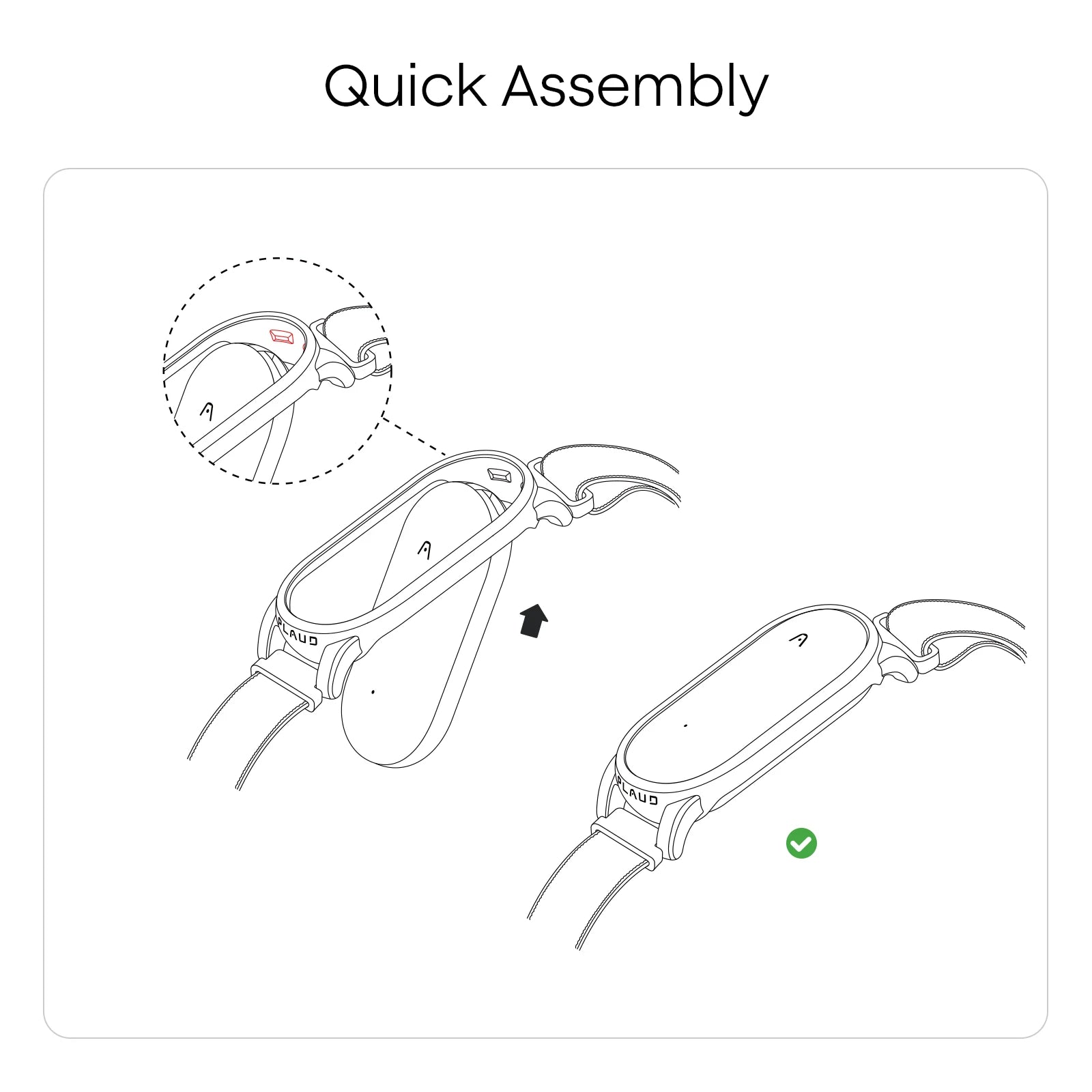 Quick assembly diagram showing the Plaud NotePin being inserted and secured into a wristband frame.