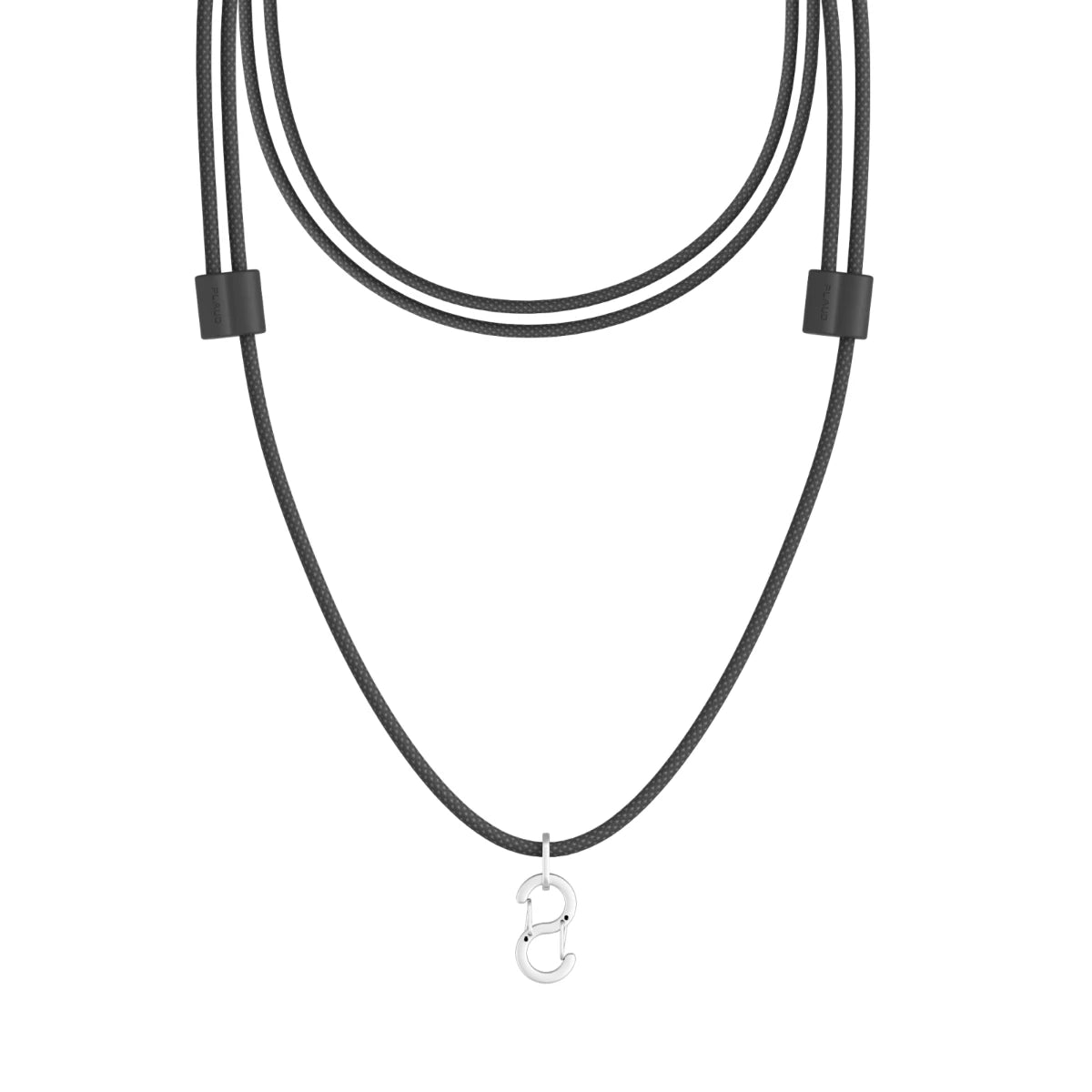 Black cord lanyard with a silver S-clip attachment for wearing the Plaud NotePin around the neck.