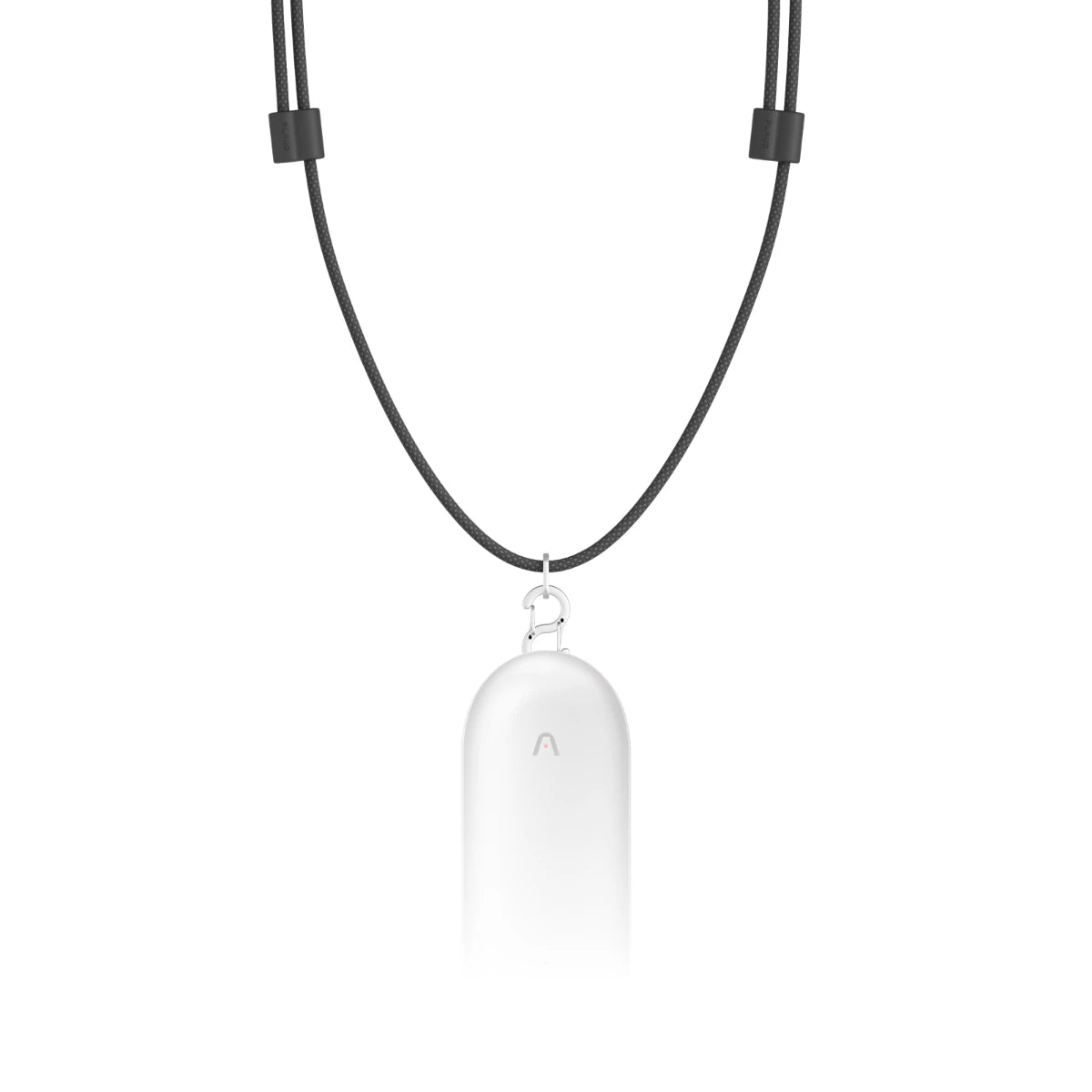 White Plaud NotePin AI voice recorder worn as a necklace on a black lanyard.