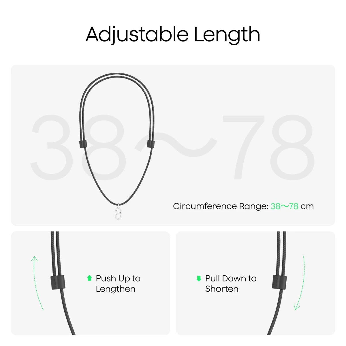Plaud NotePin lanyard with adjustable length from 38 to 78 cm. Push up to lengthen and pull down to shorten.