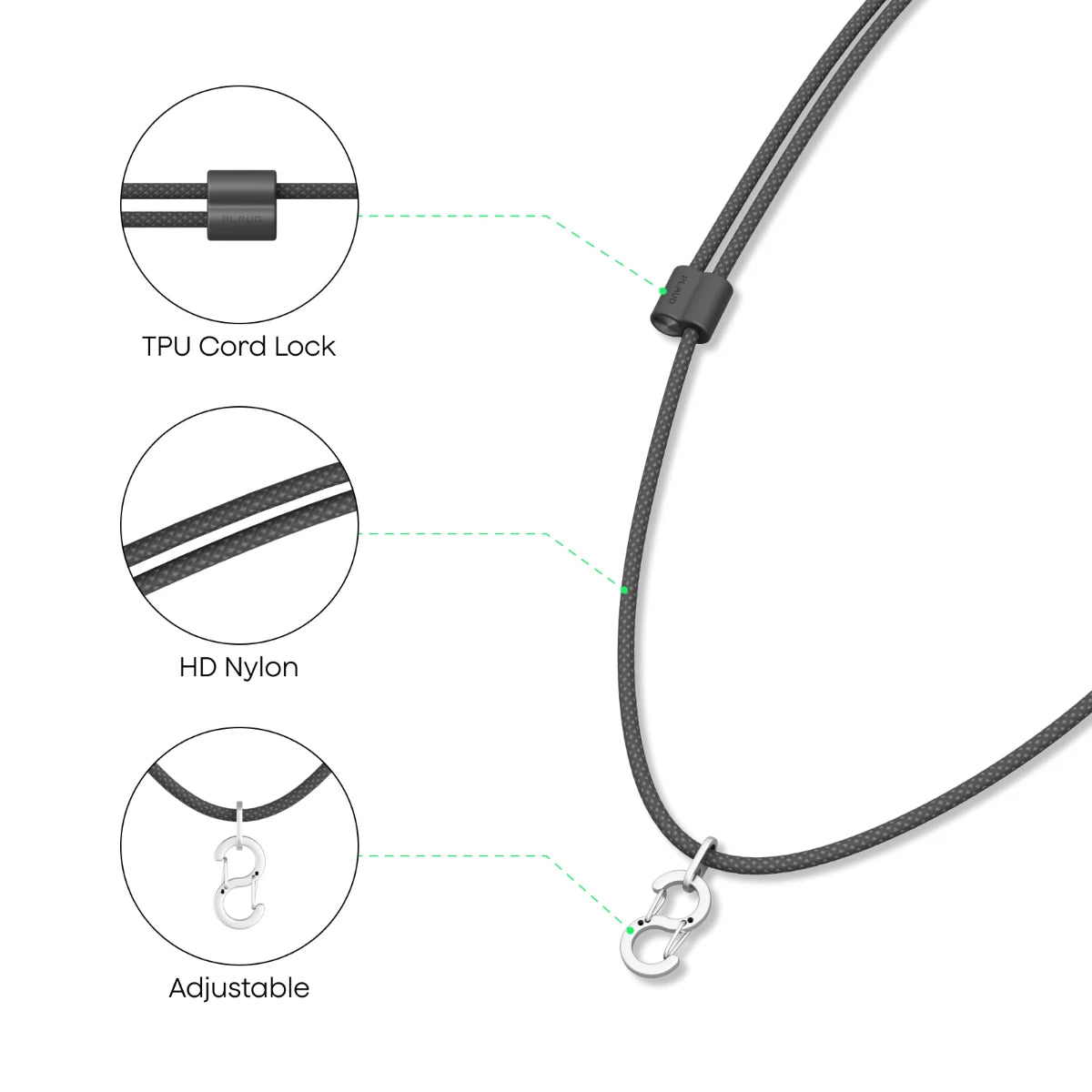 PLAUD NotePin lanyard with TPU cord lock, HD nylon material, and adjustable metal clasp.