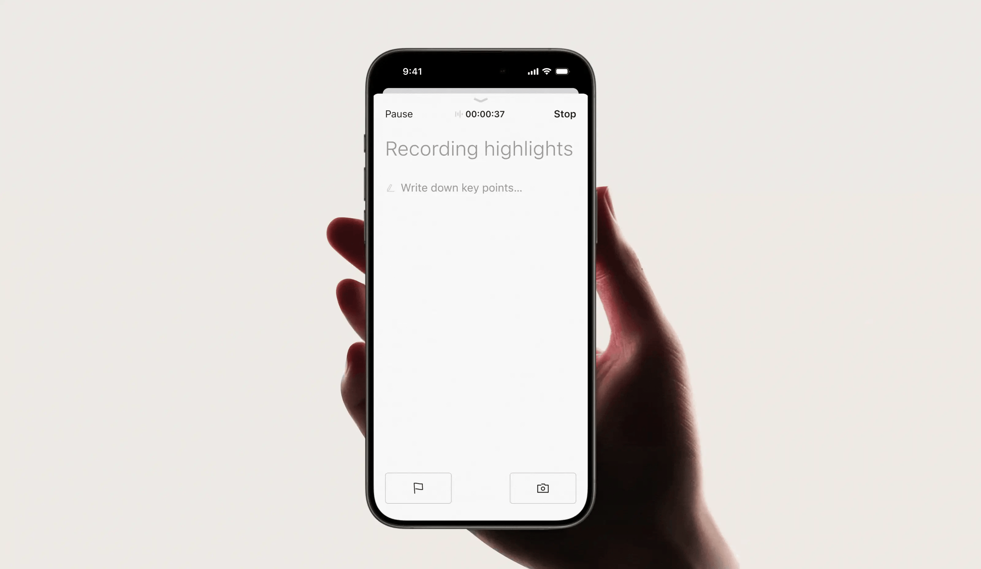 A hand holding a smartphone displaying the Plaud app's real-time recording highlights and note-taking interface.