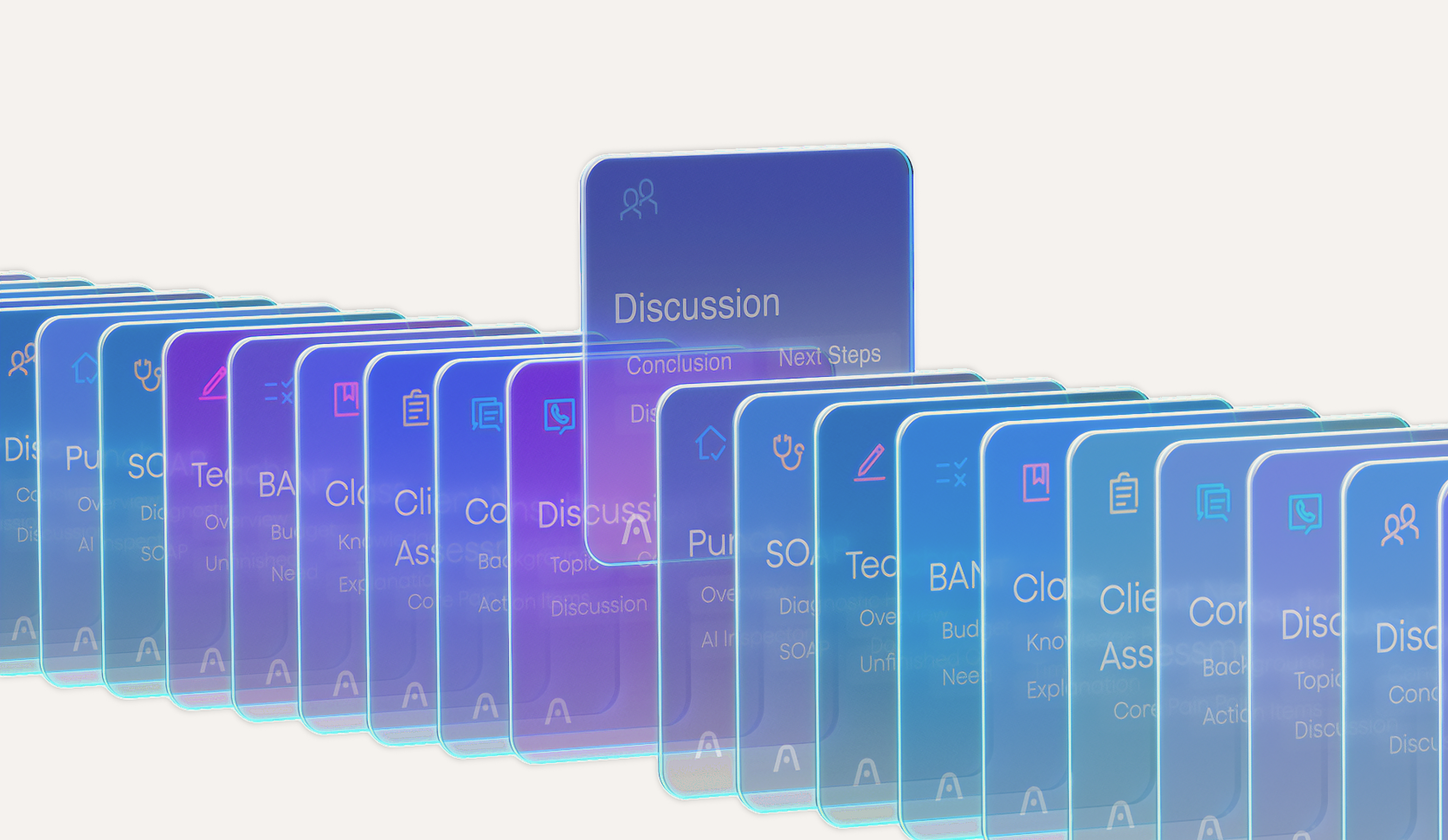 Digital cards showcasing Plaud AI summary templates for Discussion, SOAP, BANT, and Client Assessment.